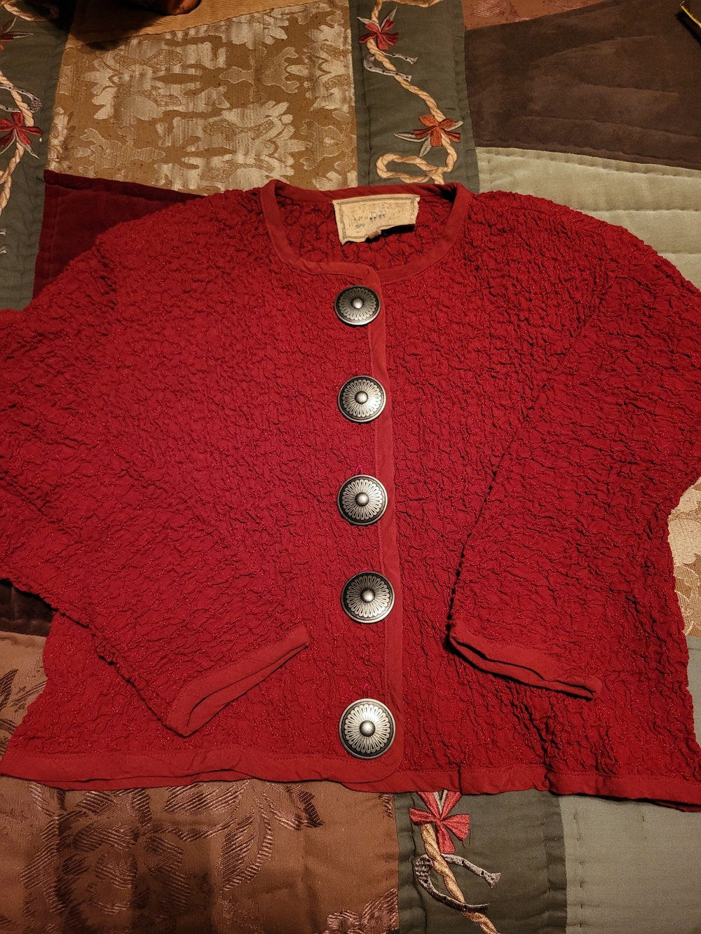 Textured Red Button-Front Concho's Women's Cardigan